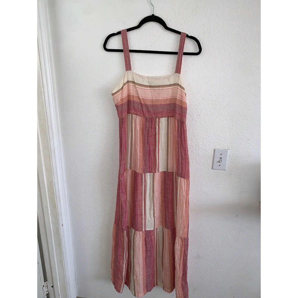 Faherty Pink Striped Organic Cotton Tiered Maxi Dress Womens Size M Gauze Boho